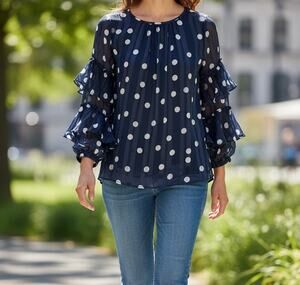 Chico's Polka Dot Pleat Sleeve Top Women's 1P (M Petite 8) Blue White